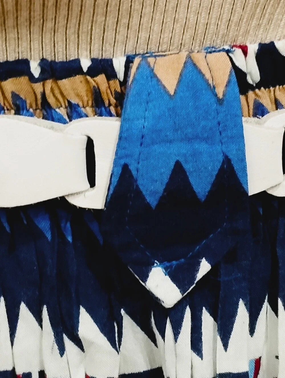 BLUE AND WHITE SIDE SADDLE MAXI SKIRT